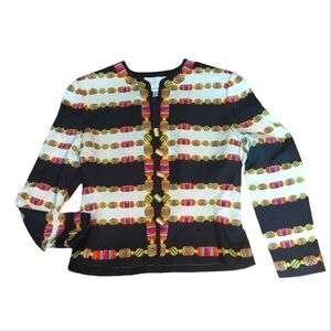 Adrianne Papell 100% silk patterned blazer pink/white/black gold buttons Sz 8